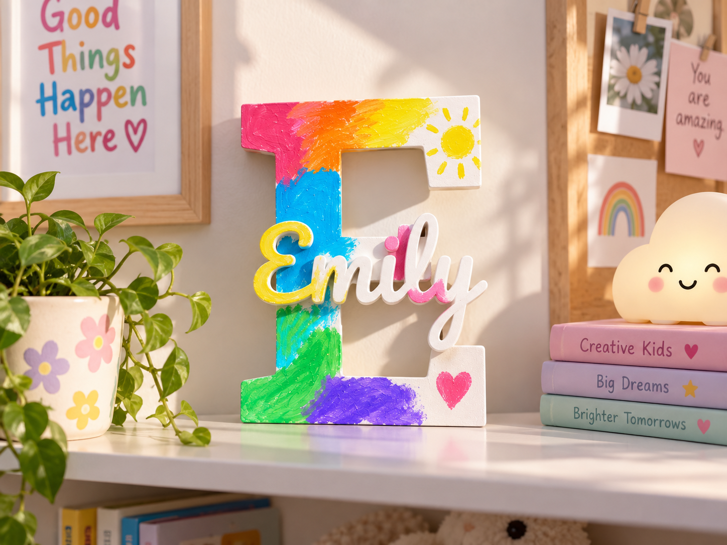 Teal and white painted name sign